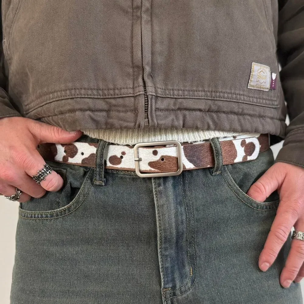 y2k western brown and white cow print cowboy boho belt